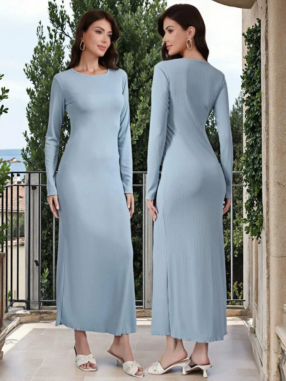 Forever 21 Round Neck Long Sleeve Bodycon Slim Fit Midi Dress